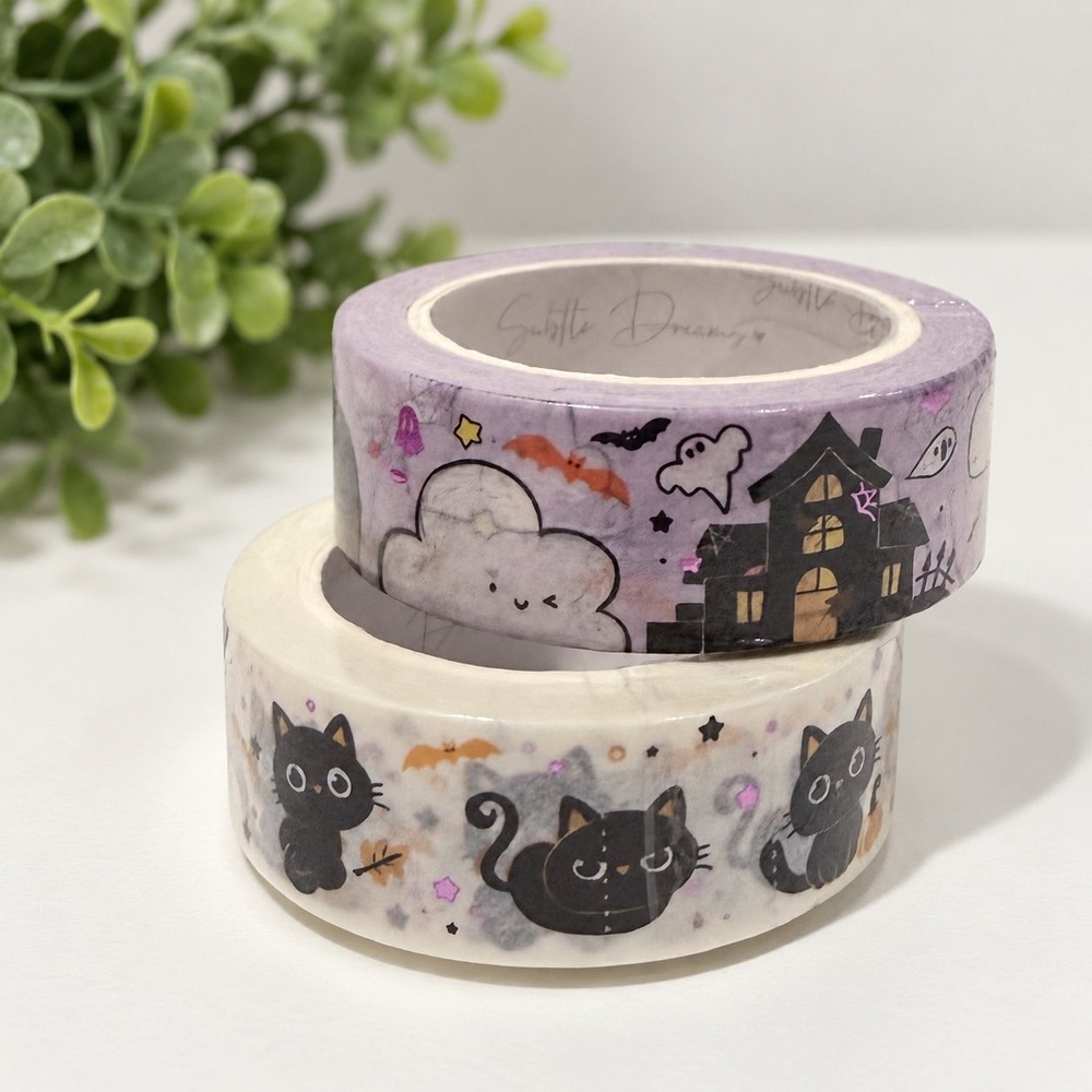 Subtle Dreams Co Kawaii Clouds Haunted House Pawsitively Spooky Kitty Washi Tape